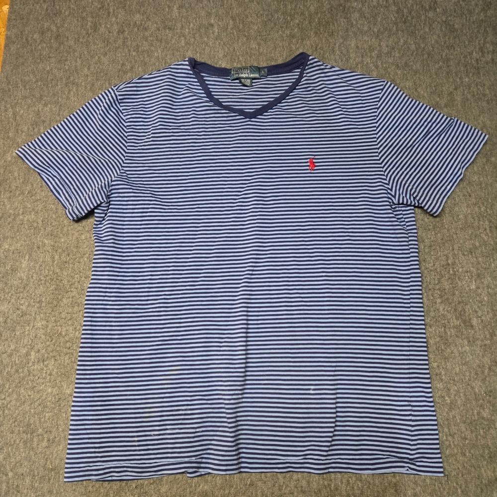 Vintage Polo Ralph Lauren T-Shirt Mens L Blue Striped V-Neck Short Sleeve Pony